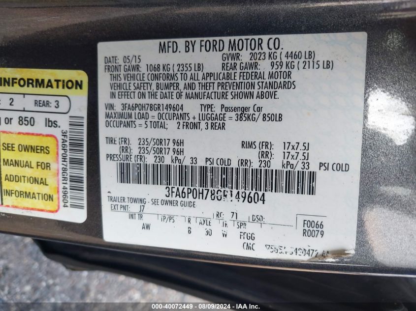 2016 FORD FUSION SE - 3FA6P0H78GR149604