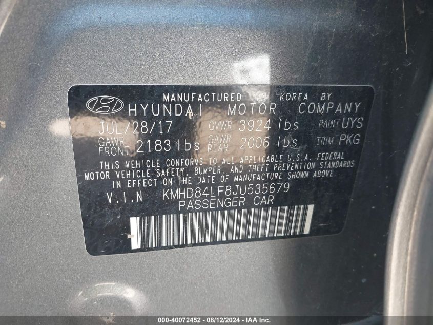 2018 Hyundai Elantra Sel VIN: KMHD84LF8JU535679 Lot: 40072452