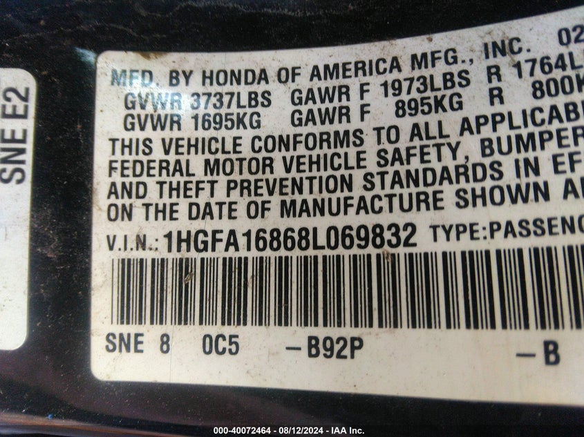 2008 Honda Civic Ex VIN: 1HGFA16868L069832 Lot: 40072464