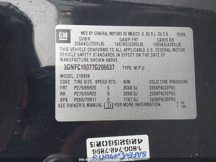 2007 Chevrolet Suburban 1500 Ltz VIN: 3GNFC16077G206637 Lot: 40072470