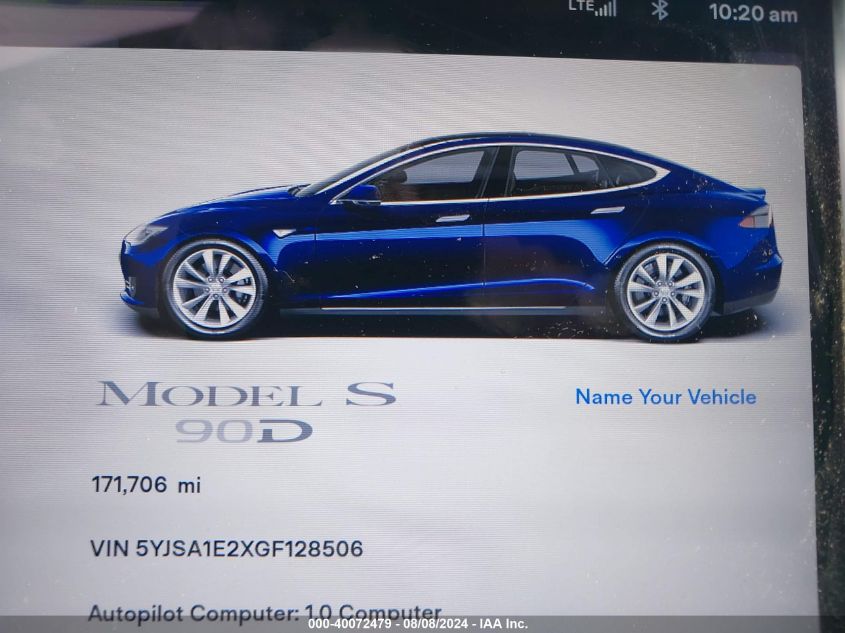 2016 Tesla Model S 60D/70D/75D/85D/90D VIN: 5YJSA1E2XGF128506 Lot: 40072479