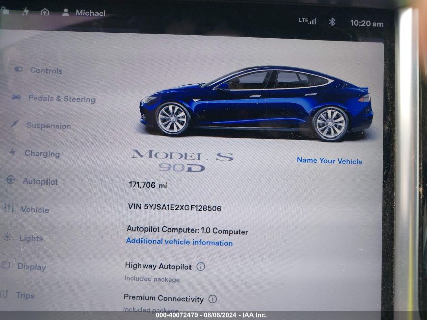 2016 Tesla Model S 60D/70D/75D/85D/90D VIN: 5YJSA1E2XGF128506 Lot: 40072479