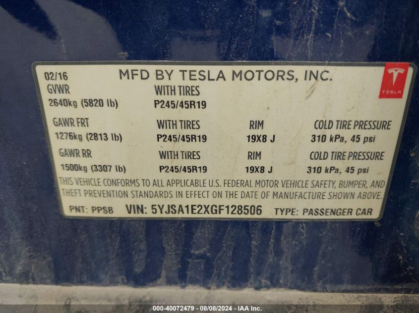 2016 Tesla Model S 60D/70D/75D/85D/90D VIN: 5YJSA1E2XGF128506 Lot: 40072479