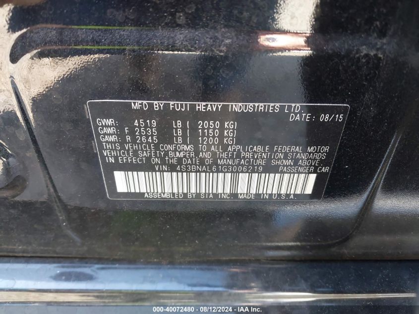 2016 Subaru Legacy 2.5I Limited VIN: 4S3BNAL61G3006219 Lot: 40072480