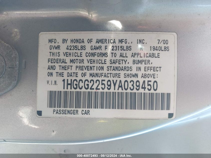 2000 Honda Accord VIN: 01HGC2259YA039450 Lot: 40072493