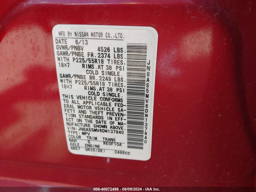 2013 Nissan Rogue Sv W/Sl Pkg VIN: JN8AS5MV6DW137940 Lot: 40072496