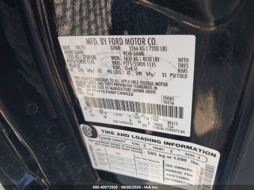 2011 Ford F-150 Fx4 VIN: 1FTFW1EF8BFC69522 Lot: 40072505