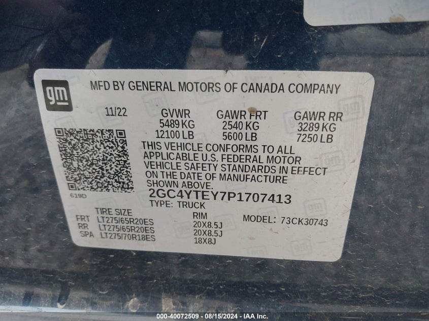 2023 CHEVROLET SILVERADO 3500HD (VIN: 2GC4YTEY7P1707413