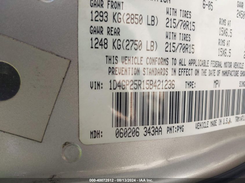 2005 Dodge Caravan Se VIN: 1D4GP25R15B421236 Lot: 40072512