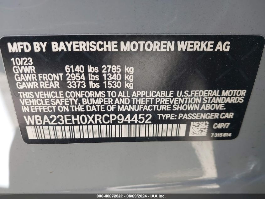 2024 BMW 740 I VIN: WBA23EH0XRCP94452 Lot: 40072521