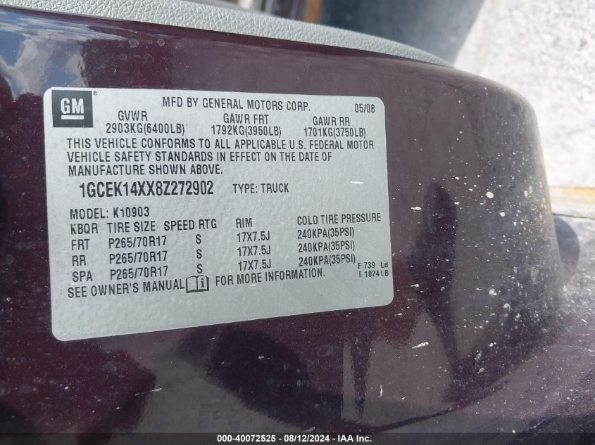2008 Chevrolet Silverado 1500 Work Truck VIN: 1GCEK14XX8Z272902 Lot: 40072525