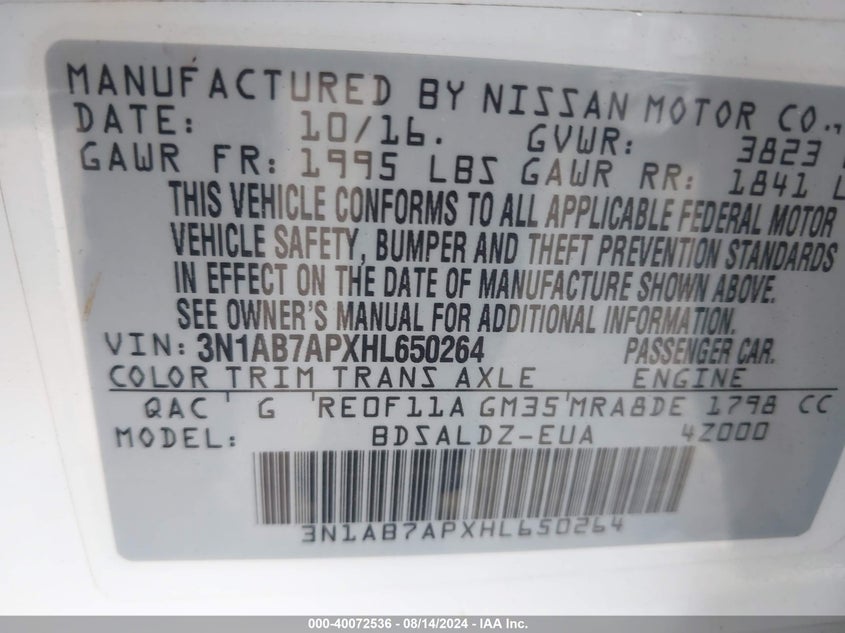 VIN 3N1AB7APXHL650264 2017 NISSAN SENTRA SV