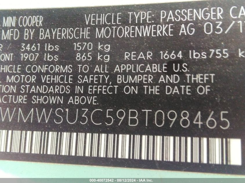 2011 Mini Cooper VIN: WMWSU3C59BT098465 Lot: 40072542