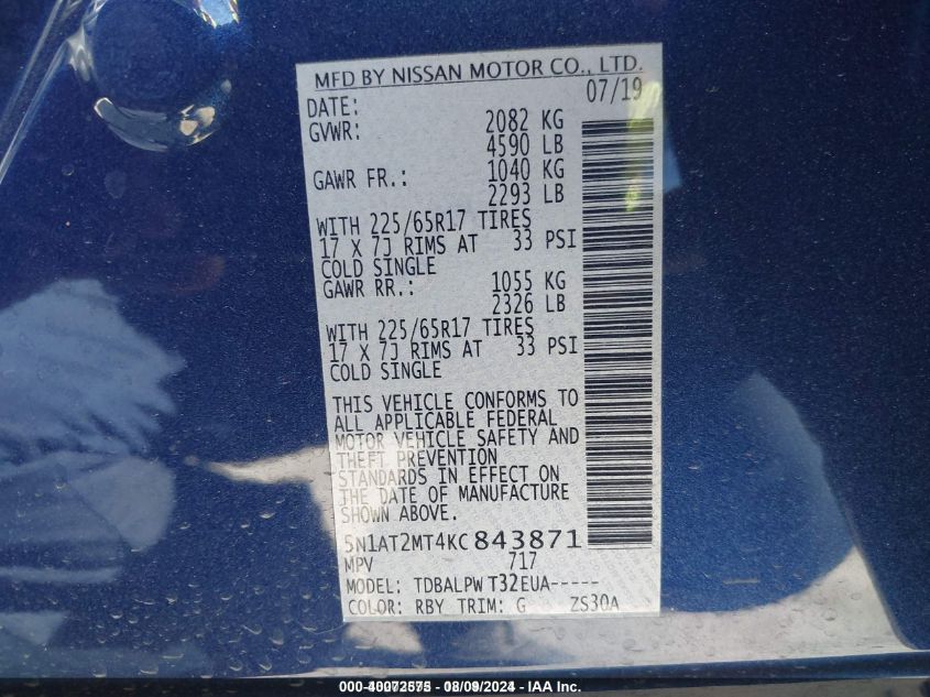 2019 Nissan Rogue S VIN: 5N1AT2MT4KC843871 Lot: 40072575