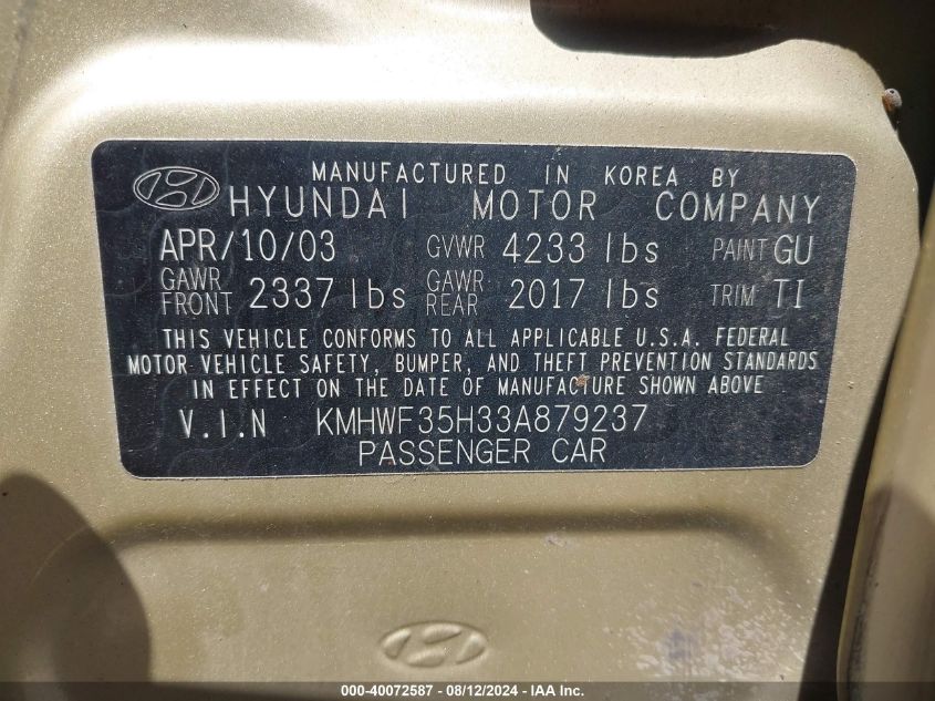 2003 Hyundai Sonata Gls/Lx VIN: KMHWF35H33A879237 Lot: 40072587