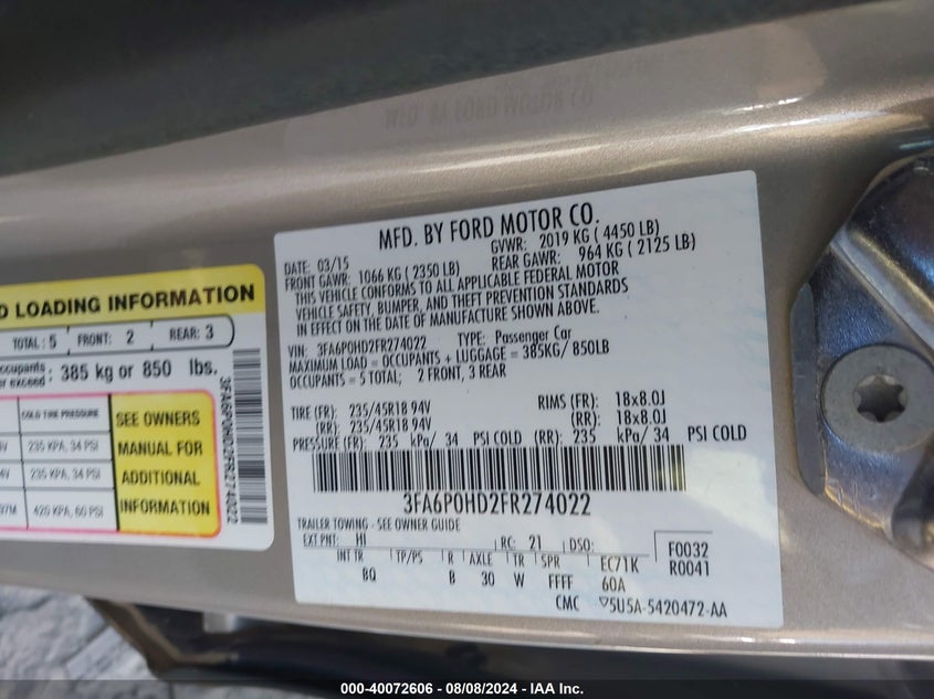 2015 Ford Fusion Se VIN: 3FA6P0HD2FR274022 Lot: 40072606