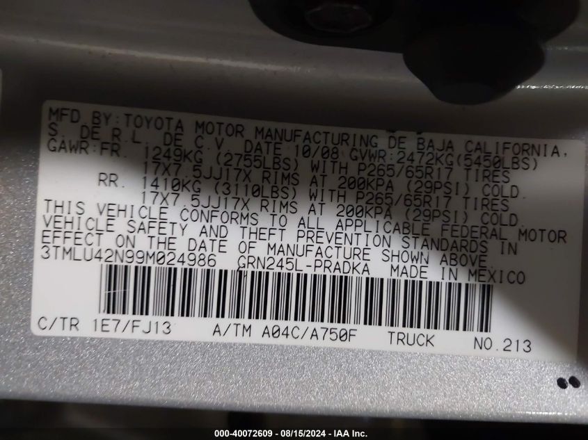 2009 Toyota Tacoma Base V6 VIN: 3TMLU42N99M024986 Lot: 40072609