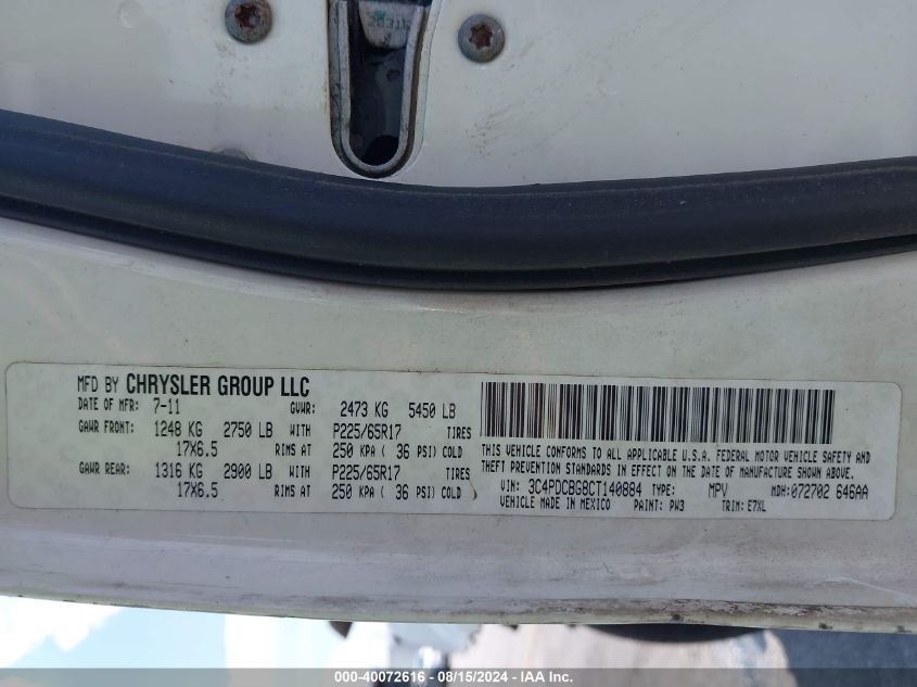 2012 Dodge Journey Sxt VIN: 3C4PDCBG8CT140884 Lot: 40072616