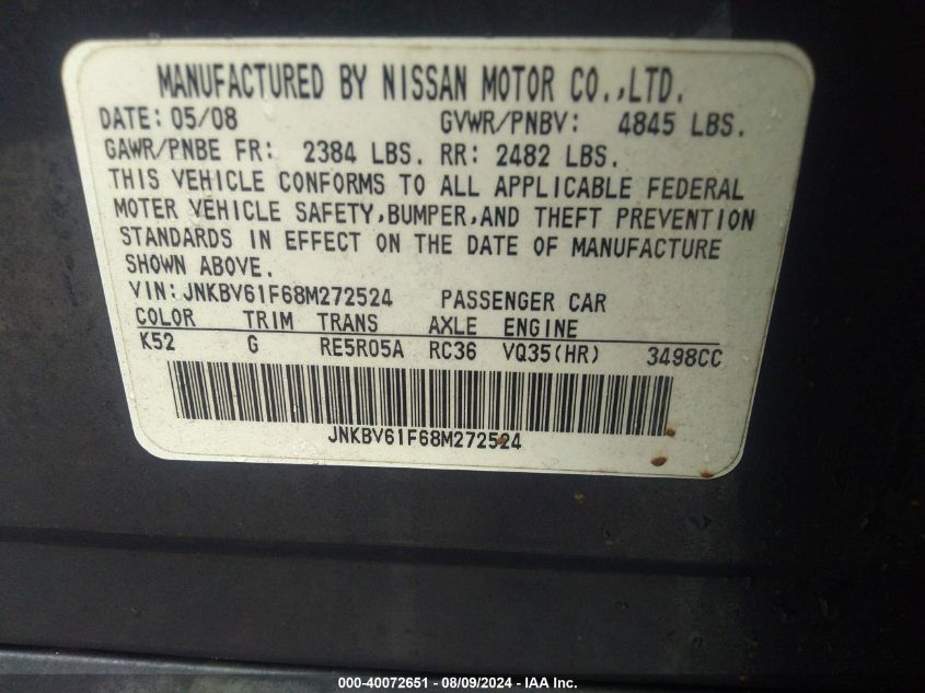 2008 Infiniti G35X VIN: JNKBV61F68M272524 Lot: 40072651