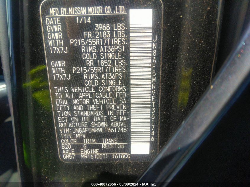 2014 Nissan Juke S VIN: JN8AF5MR9ET361746 Lot: 40072656