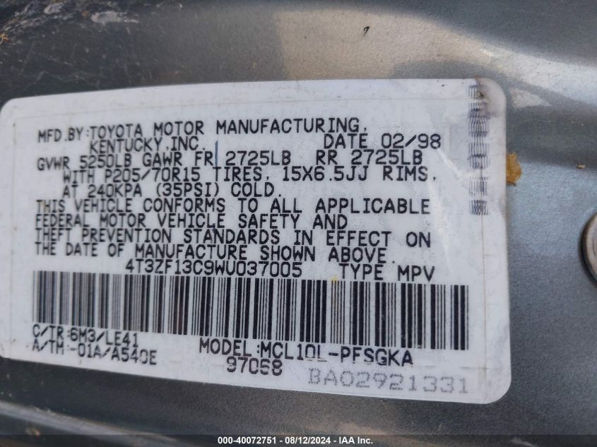 1998 Toyota Sienna Xle VIN: 4T3ZF13C9WU037005 Lot: 40072751