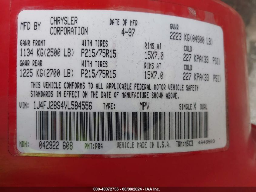 1997 Jeep Cherokee Se VIN: 1J4FJ28S4VL584556 Lot: 40072755