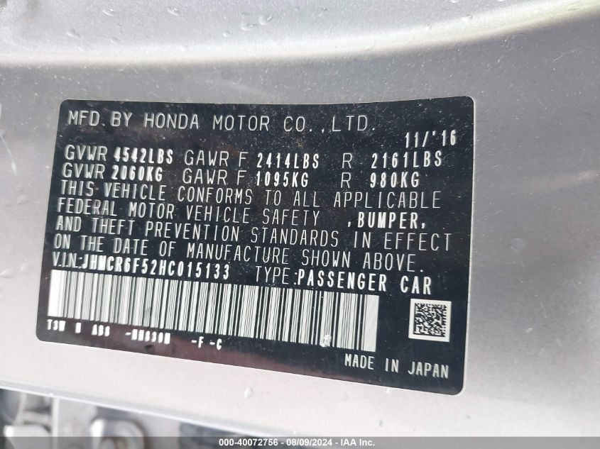 JHMCR6F52HC015133 2017 Honda Accord Hybrid Ex-L