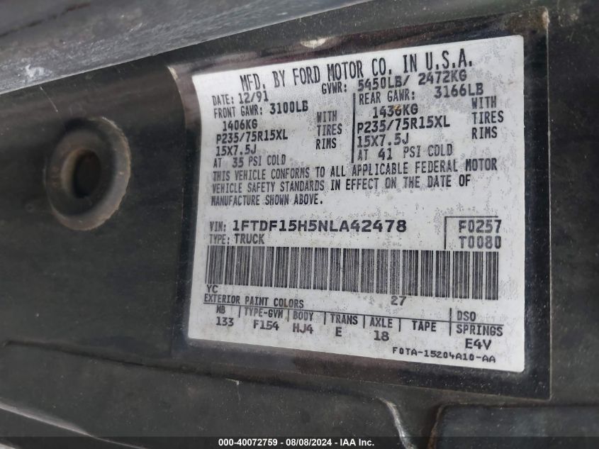 1992 Ford F150 VIN: 1FTDF15H5NLA42478 Lot: 40072759
