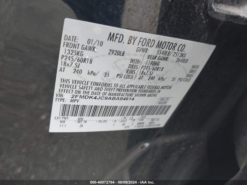 2010 Ford Edge Sel VIN: 2FMDK4JC9ABA94614 Lot: 40072764