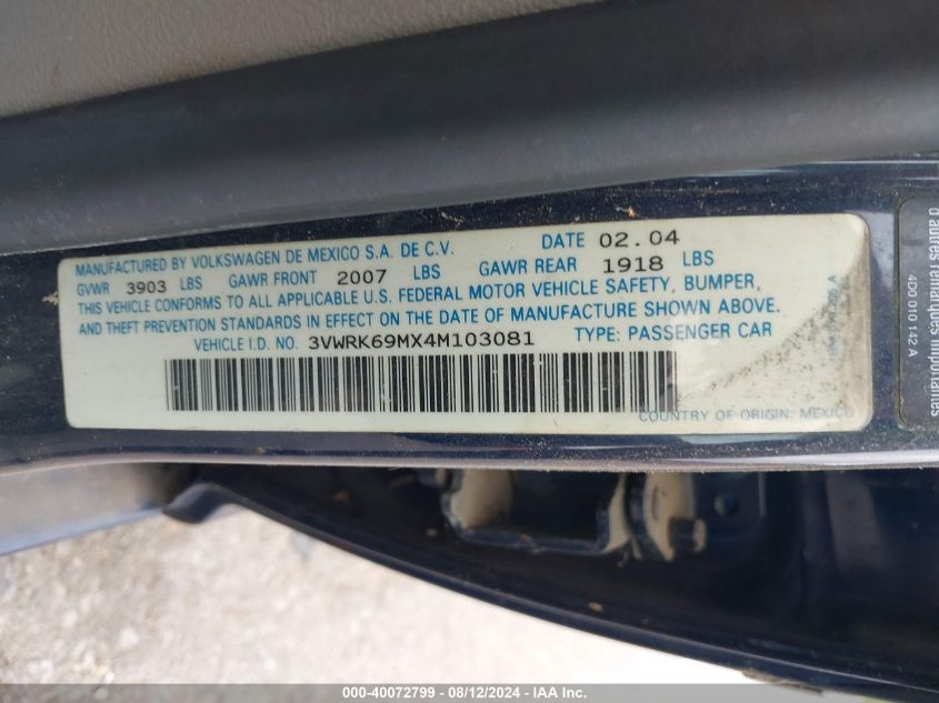 2004 Volkswagen Jetta Gl VIN: 3VWRK69MX4M103081 Lot: 40072799