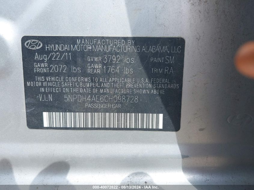 2012 Hyundai Elantra Limited VIN: 5NPDH4AE6CH098728 Lot: 40072822