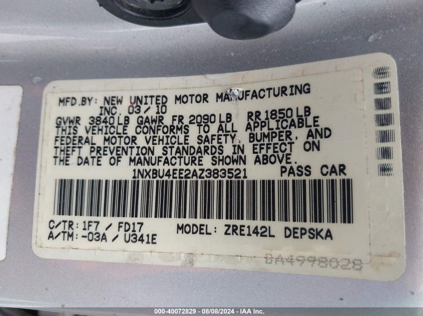 2010 Toyota Corolla S VIN: 1NXBU4EE2AZ383521 Lot: 40072829