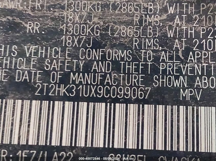 2009 Lexus Rx 350 350 VIN: 2T2HK31UX9C099067 Lot: 40072846