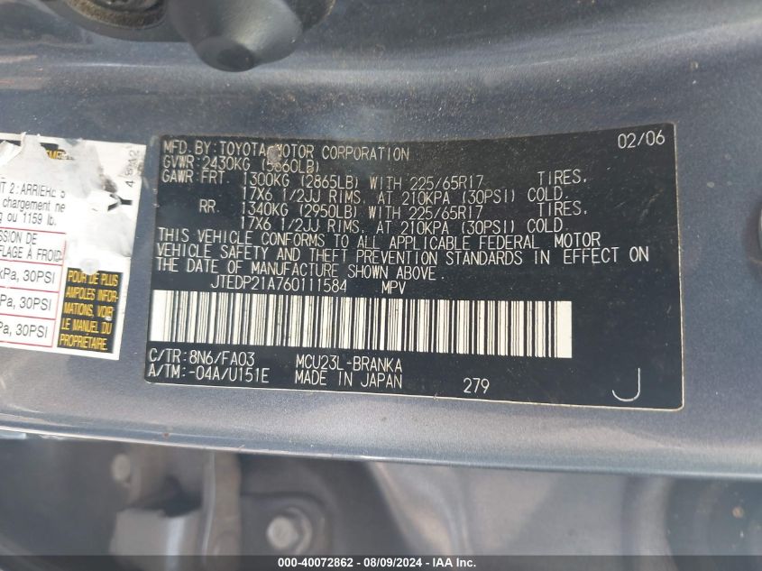 2006 Toyota Highlander Limited V6 VIN: JTEDP21A760111584 Lot: 40072862