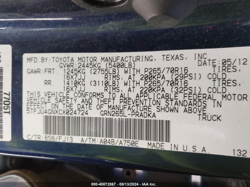 2012 Toyota Tacoma Prerunner V6 VIN: 5TFJU4GNXCX024724 Lot: 40095993