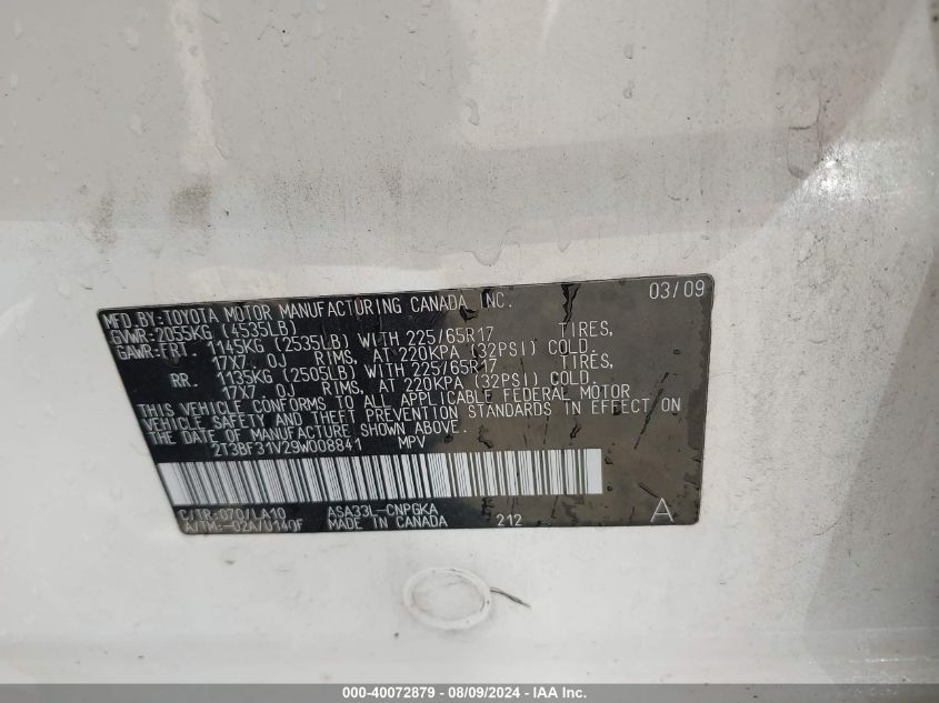 2009 Toyota Rav4 Limited VIN: 2T3BF31V29W008841 Lot: 40072879