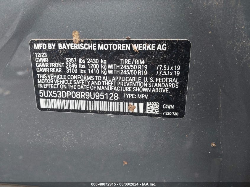 2024 BMW X3 xDrive30I VIN: 5UX53DP08R9U95128 Lot: 40072915