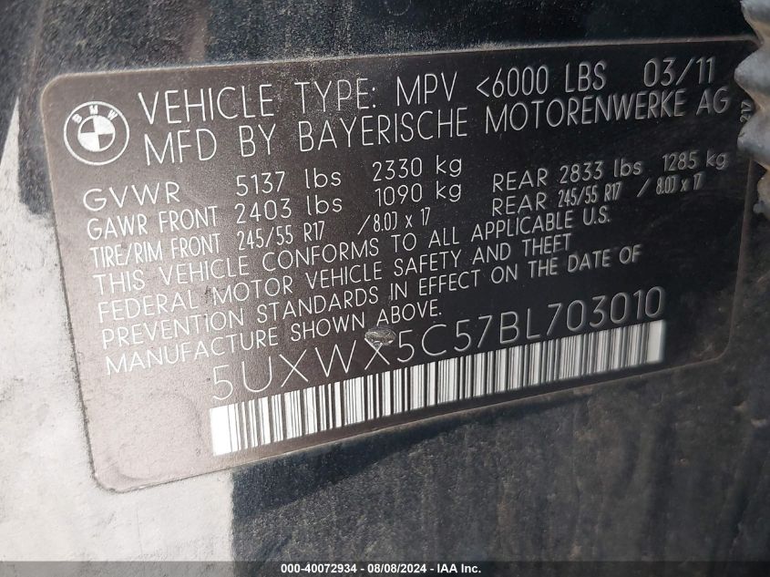 2011 BMW X3 xDrive28I VIN: 5UXWX5C57BL703010 Lot: 40072934