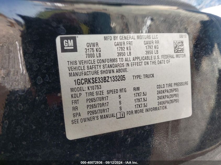 2011 Chevrolet Silverado 1500 Lt VIN: 1GCRKSE33BZ133205 Lot: 40072936