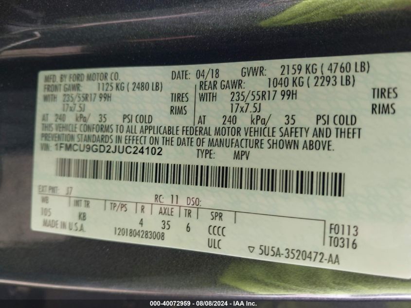 2018 Ford Escape Se VIN: 1FMCU9GD2JUC24102 Lot: 40072959