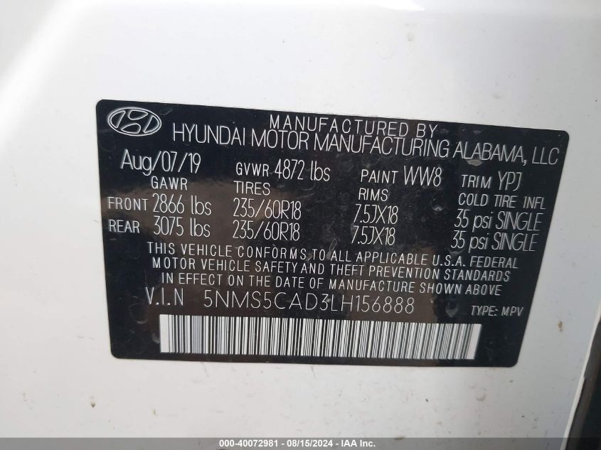 2020 Hyundai Santa Fe Limited VIN: 5NMS5CAD3LH156888 Lot: 40072981