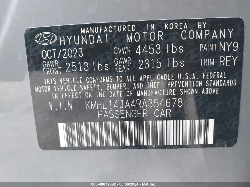 2024 Hyundai Sonata Sel VIN: KMHL14JA4RA354678 Lot: 40072992