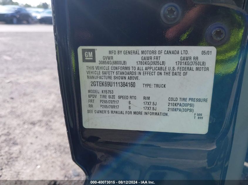 2001 GMC Sierra 1500 K1500 C3 VIN: 2GTEK69U111384160 Lot: 40073015