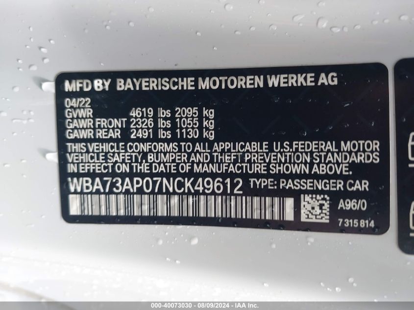 2022 BMW 430I xDrive VIN: WBA73AP07NCK49612 Lot: 40073030