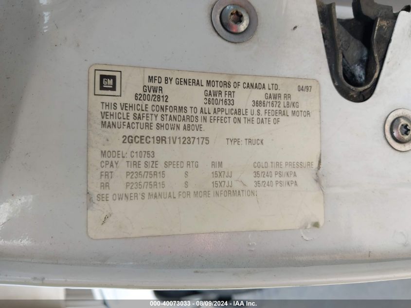 1997 Chevrolet C1500 Fleetside VIN: 2GCEC19R1V1237175 Lot: 40073033
