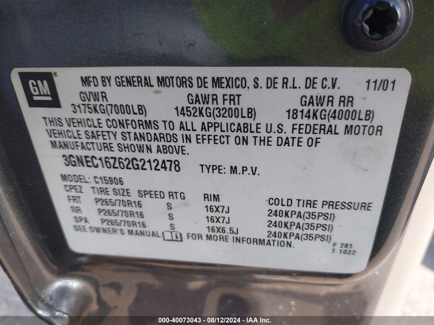 2002 Chevrolet Suburban 1500 Lt VIN: 3GNEC16Z62G212478 Lot: 40073043