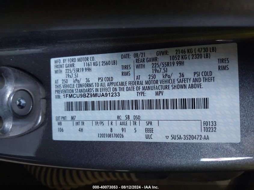 2021 FORD ESCAPE SE - 1FMCU9BZ9MUA91233