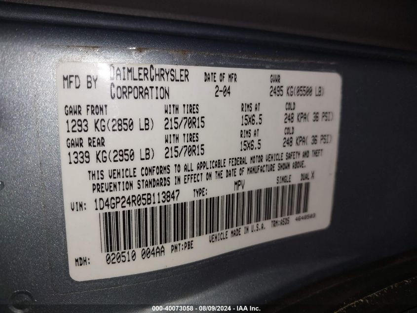 2005 Dodge Grand Caravan Se VIN: 1D4GP24R05B113847 Lot: 40073058