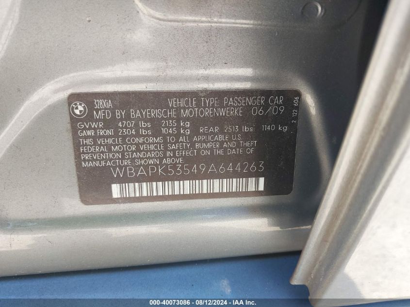 2009 BMW 328I xDrive VIN: WBAPK53549A644263 Lot: 40073086
