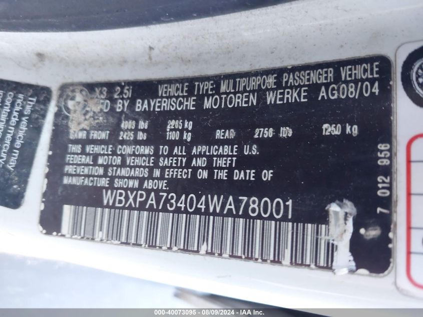 2004 BMW X3 2.5I VIN: WBXPA73404WA78001 Lot: 40073095